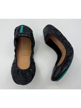 Tieks Black Patent Embossed Leather Ballet Flats Size 7 With Teal Accents Womens